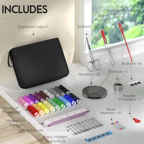Coquimbo Sewing Kit Gifts for Grandma, Mom, Friend, Adults Beginner Kids Traveler, Portable Sewing Supplies Accessories with Case Contains Thread, Needle, Scissors, Measure Tape, Thimble etc(Black, M)