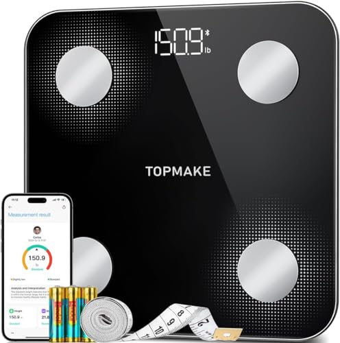 TOPMAKE 【2024 Upgrade】 Scale for Body Weight, Digital Bathroom Scale BMI Weighing Body Fat Scale, 25 Body Composition Analyzer with App sync with Bluetooth, Batteries and Tape Measure Included, Black