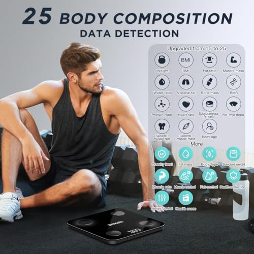 TOPMAKE 【2024 Upgrade】 Scale for Body Weight, Digital Bathroom Scale BMI Weighing Body Fat Scale, 25 Body Composition Analyzer with App sync with Bluetooth, Batteries and Tape Measure Included, Black