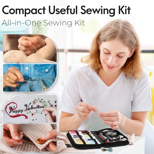 Coquimbo Sewing Kit Gifts for Grandma, Mom, Friend, Adults Beginner Kids Traveler, Portable Sewing Supplies Accessories with Case Contains Thread, Needle, Scissors, Measure Tape, Thimble etc(Black, M)