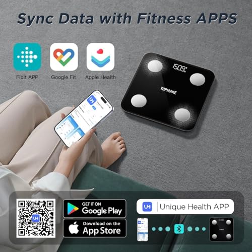 TOPMAKE 【2024 Upgrade】 Scale for Body Weight, Digital Bathroom Scale BMI Weighing Body Fat Scale, 25 Body Composition Analyzer with App sync with Bluetooth, Batteries and Tape Measure Included, Black