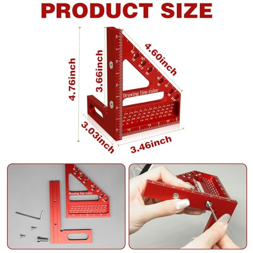 3D Multi Angle Measuring Ruler, Carpenter Square High Precision Square Woodworking Square Tool Measuring Layout Scribing Ruler, 22.5-90 Degree Aluminum Square Protractor with Angle Position Pin