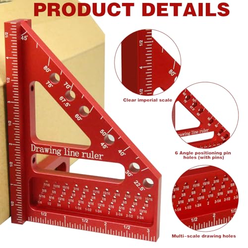3D Multi Angle Measuring Ruler, Carpenter Square High Precision Square Woodworking Square Tool Measuring Layout Scribing Ruler, 22.5-90 Degree Aluminum Square Protractor with Angle Position Pin