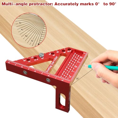 3D Multi Angle Measuring Ruler, Carpenter Square High Precision Square Woodworking Square Tool Measuring Layout Scribing Ruler, 22.5-90 Degree Aluminum Square Protractor with Angle Position Pin