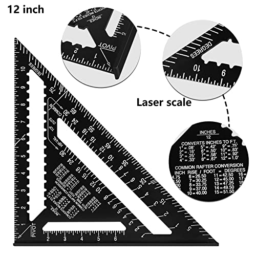 Beslands Aluminum 12-inch & 7-inch Rafter Square Carpenter Set Measuring Layout Tool Alloy Metal Triangle Ruler Protractor for Woodworking and Carpentry （Imperial）…