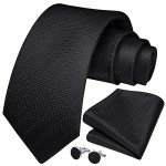 HISDERN Men's Black Striped Silk Tie Set