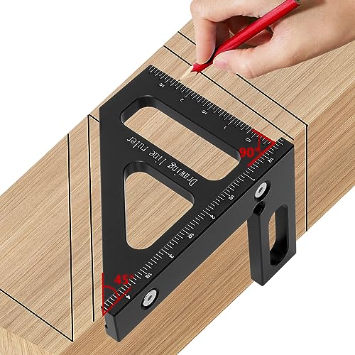 KETIPED Imperial 3D Multi-Angle Measuring Ruler,45/90 Degree Aluminum Alloy Woodworking Square Protractor, Miter Triangle Ruler High Precision Layout Measuring Tool for Engineer Carpenter,003BK