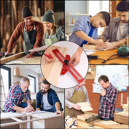 Woodworking Scriber Marking Line Ruler T Type Woodworking Ruler 13 inch Layout and Measuring Tools Precision Marking T-Ruler Positioning Scribing(Red)