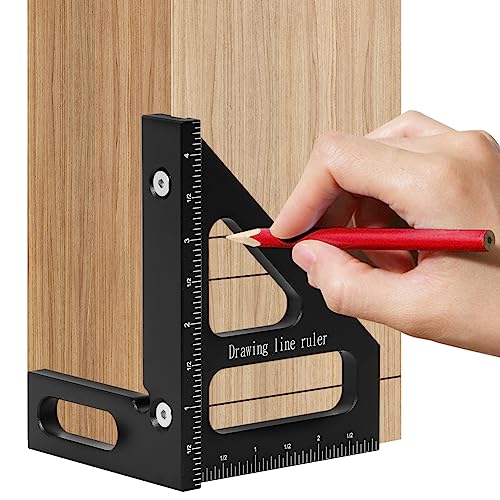 KETIPED Imperial 3D Multi-Angle Measuring Ruler,45/90 Degree Aluminum Alloy Woodworking Square Protractor, Miter Triangle Ruler High Precision Layout Measuring Tool for Engineer Carpenter,003BK