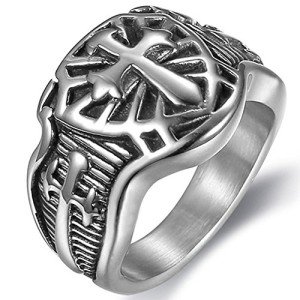 Stainless Steel Crusader Sword Shield Ring - Grey
