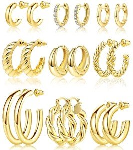 Gold Hoop Earrings Set - 9 Pairs for Women