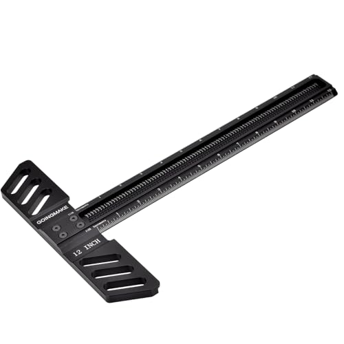 GOINGMAKE Woodworking T-Square 12 Inch Aluminum Alloy T Square Ruler 1/32" Hole Scrbing Guides Positioning Scribe Tool Precision Woodworking Ruler Scribing Tool for Carpenter Layout and Measuring
