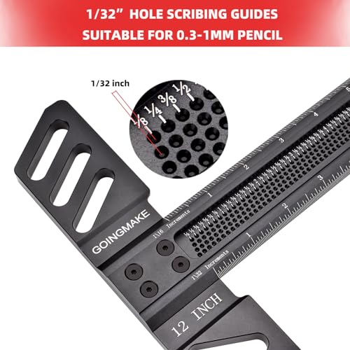 GOINGMAKE Woodworking T-Square 12 Inch Aluminum Alloy T Square Ruler 1/32" Hole Scrbing Guides Positioning Scribe Tool Precision Woodworking Ruler Scribing Tool for Carpenter Layout and Measuring
