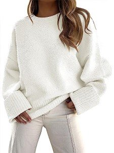 ANRABESS Women's Oversized Crewneck Long Sleeve Fuzzy Knit Casual Chunky Warm 2024 Fall Pullover Sweaters Top Trendy Outfits White Small