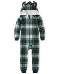 Kids Fleece Moose Plaid Matching Pajama Set