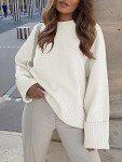 ANRABESS Women's Oversized Crewneck Long Sleeve Fuzzy Knit Casual Chunky Warm 2024 Fall Pullover Sweaters Top Trendy Outfits White Small