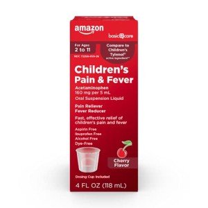 Amazon Basic Care Children's Pain Reliever & Fever Reducer, Acetaminophen 160 mg per 5 mL Oral Suspension Liquid, Dye-Free Cherry Flavor, 4 fl oz (Pack of 1)