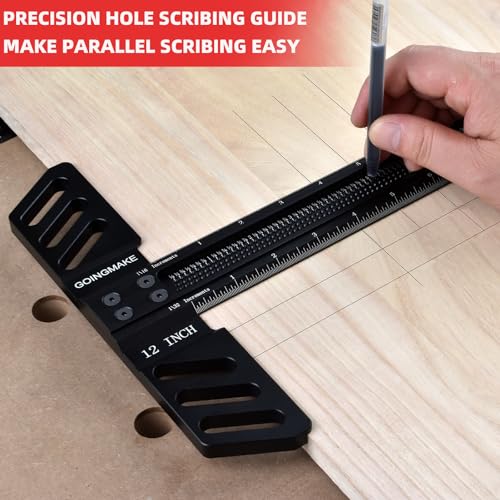 GOINGMAKE Woodworking T-Square 12 Inch Aluminum Alloy T Square Ruler 1/32" Hole Scrbing Guides Positioning Scribe Tool Precision Woodworking Ruler Scribing Tool for Carpenter Layout and Measuring