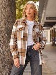AUTOMET Womens Fall Outfits Fashion Clothes Shackets Flannel Plaid Button Down Long Sleeve Shirts Jackets 2024 Apricot M