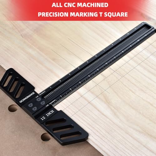 GOINGMAKE Woodworking T-Square 12 Inch Aluminum Alloy T Square Ruler 1/32" Hole Scrbing Guides Positioning Scribe Tool Precision Woodworking Ruler Scribing Tool for Carpenter Layout and Measuring