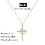 Tewiky Cross Necklace for Women-Cute 14k Gold Plated Crown Cross Pendant Necklaces Simple Diamond Gold Necklaces Faith Cross Jewelry First Communion Necklace