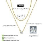 Tewiky Gold Necklace, Dainty Gold Layered Gold Plated Diamond Necklaces Simple CZ Solitaire Pendant Necklace Cute Gold Cubic Zirconia Chain Choker for Women Trendys Gold Jewelry Gift