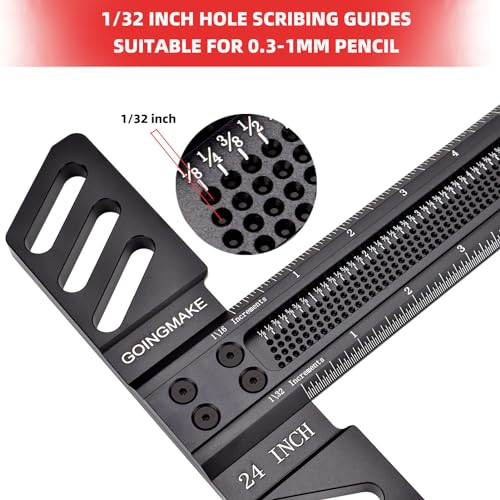GOINGMAKE Woodworking T-Square 24 Inch Aluminum Alloy T Square Ruler 1/32" Hole Scrbing Guides Positioning Scribe Tool Precision Woodworking Ruler Scribing Tool for Carpenter Layout and Measuring