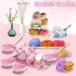 Tea Party Set for Little Girls,PRE-WORLD Princess Tea Time Toy Including Dessert,Cookies,Doughnut,Teapot Tray Cake, Tablecloth & Carrying Case,Kids Kitchen Pretend Play for Girls Boys Age 3-6