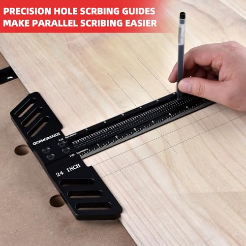 GOINGMAKE Woodworking T-Square 24 Inch Aluminum Alloy T Square Ruler 1/32" Hole Scrbing Guides Positioning Scribe Tool Precision Woodworking Ruler Scribing Tool for Carpenter Layout and Measuring