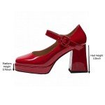 Latasa Women's Red Platform Chunky High Heels Closed Toe Block Heels Mary Janes Pumps Dress Shoes (8,Red)