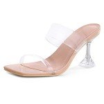 mysoft Women's Clear Heeled Sandals Square Toe Transparent Stiletto Mules Open Toe Slip on Dress Shoes