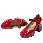 Latasa Women's Red Platform Chunky High Heels Closed Toe Block Heels Mary Janes Pumps Dress Shoes (8,Red)