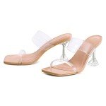 mysoft Women's Clear Heeled Sandals Square Toe Transparent Stiletto Mules Open Toe Slip on Dress Shoes