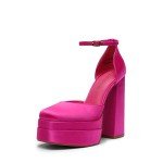 DREAM PAIRS Womens Pointed Toe High Chunky Heels Pump Shoes, Rose Red-Satin - 9 (SDPU2319W)