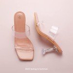 mysoft Women's Clear Heeled Sandals Square Toe Transparent Stiletto Mules Open Toe Slip on Dress Shoes