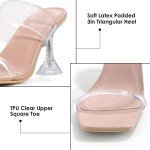mysoft Women's Clear Heeled Sandals Square Toe Transparent Stiletto Mules Open Toe Slip on Dress Shoes