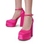 DREAM PAIRS Womens Pointed Toe High Chunky Heels Pump Shoes, Rose Red-Satin - 9 (SDPU2319W)