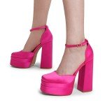 DREAM PAIRS Womens Pointed Toe High Chunky Heels Pump Shoes, Rose Red-Satin - 9 (SDPU2319W)