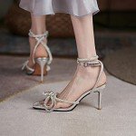 Arqa Rhinestone Bow Heels for Women Pointed Toe Crystal Ankle Strap Slingback Pumps Clear Stiletto High Heel Sandals Wedding Bridal Shoes