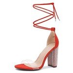 Shoe Land SL-ROSEMMINA Women’s Rhinestone Open Toe Lace Up Chunky High Heel Sandals Clear Fashion Dress Pumps Wedding Bride Shoes 2020ClearRed 7.0