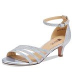 IDIFU Women's Low Kitten Strappy Sandals Heels Ankle Strap Open Toe Bridal Dress Wedding Shoes For Women (R Silver Glitter, 10 M US)