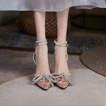 Arqa Rhinestone Bow Heels for Women Pointed Toe Crystal Ankle Strap Slingback Pumps Clear Stiletto High Heel Sandals Wedding Bridal Shoes