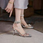 Arqa Rhinestone Bow Heels for Women Pointed Toe Crystal Ankle Strap Slingback Pumps Clear Stiletto High Heel Sandals Wedding Bridal Shoes
