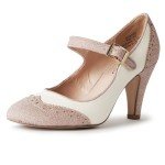 J. Adams Kym Mary Jane Shoes Women Oxford Pumps - Cute Low Kitten High Heels - Retro Vintage Shoes for Women 1950s Mary Janes Round Toe Shoe with Ankle Strap - Women Dress Shoes Rose Gold Glitter