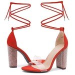 Shoe Land SL-ROSEMMINA Women’s Rhinestone Open Toe Lace Up Chunky High Heel Sandals Clear Fashion Dress Pumps Wedding Bride Shoes 2020ClearRed 7.0