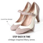 J. Adams Kym Mary Jane Shoes Women Oxford Pumps - Cute Low Kitten High Heels - Retro Vintage Shoes for Women 1950s Mary Janes Round Toe Shoe with Ankle Strap - Women Dress Shoes Rose Gold Glitter