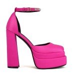 THESHY Womens Platform Chunky High Block Heels Ankle Strap Buckles Wedge Dress Pumps Fashion Shoes for Women Rose Red
