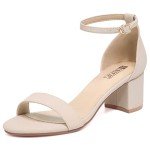 IDIFU Women's Cookie-LO Low Block Heels Chunky Sandals Ankle Strap Wedding Dress Pump Shoes(Nude Nubuck, 7.5)