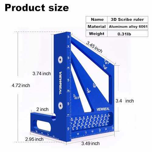 3D Multi Angle Measuring Ruler Aluminum Alloy Woodworking Square,Versatile Square Tool with Preset Angles from 22.5° to 90° Ideal Layout Tool for Carpentry, Engineering & DIY Projects