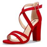 IDIFU Women's Chunky Heel Sandal Strappy Open Toe Ankle Strap Dress Shoes for Women Bridesmaid Ladies in Wedding Evening Homecoming Prom (Red Suede, 10 M US)